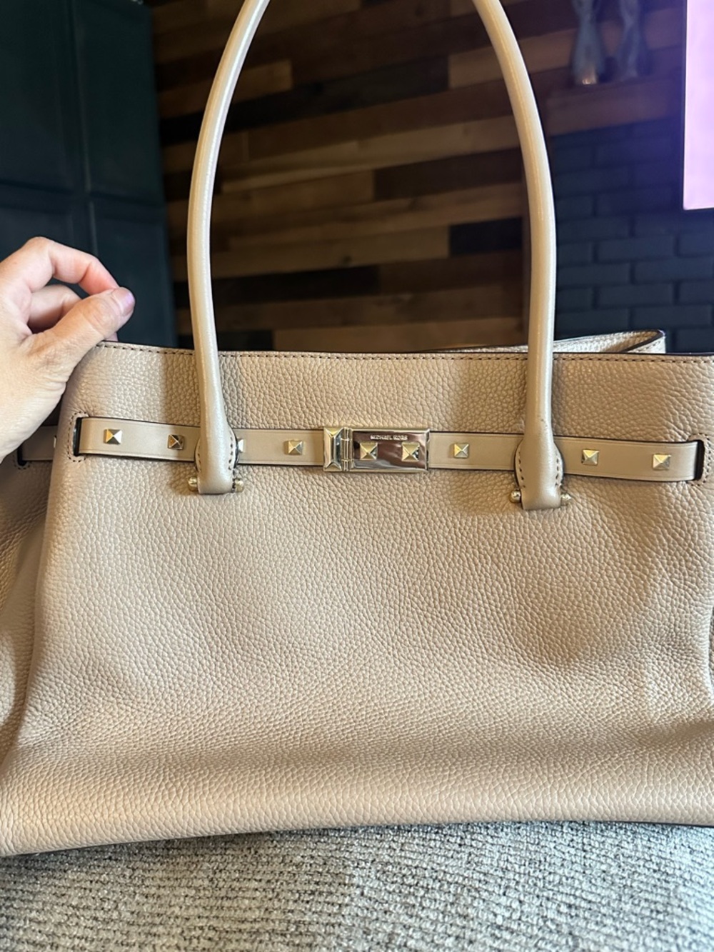 Michael Kors Pebbled Leather Tote in Light Beige with Gold Stud Detailing